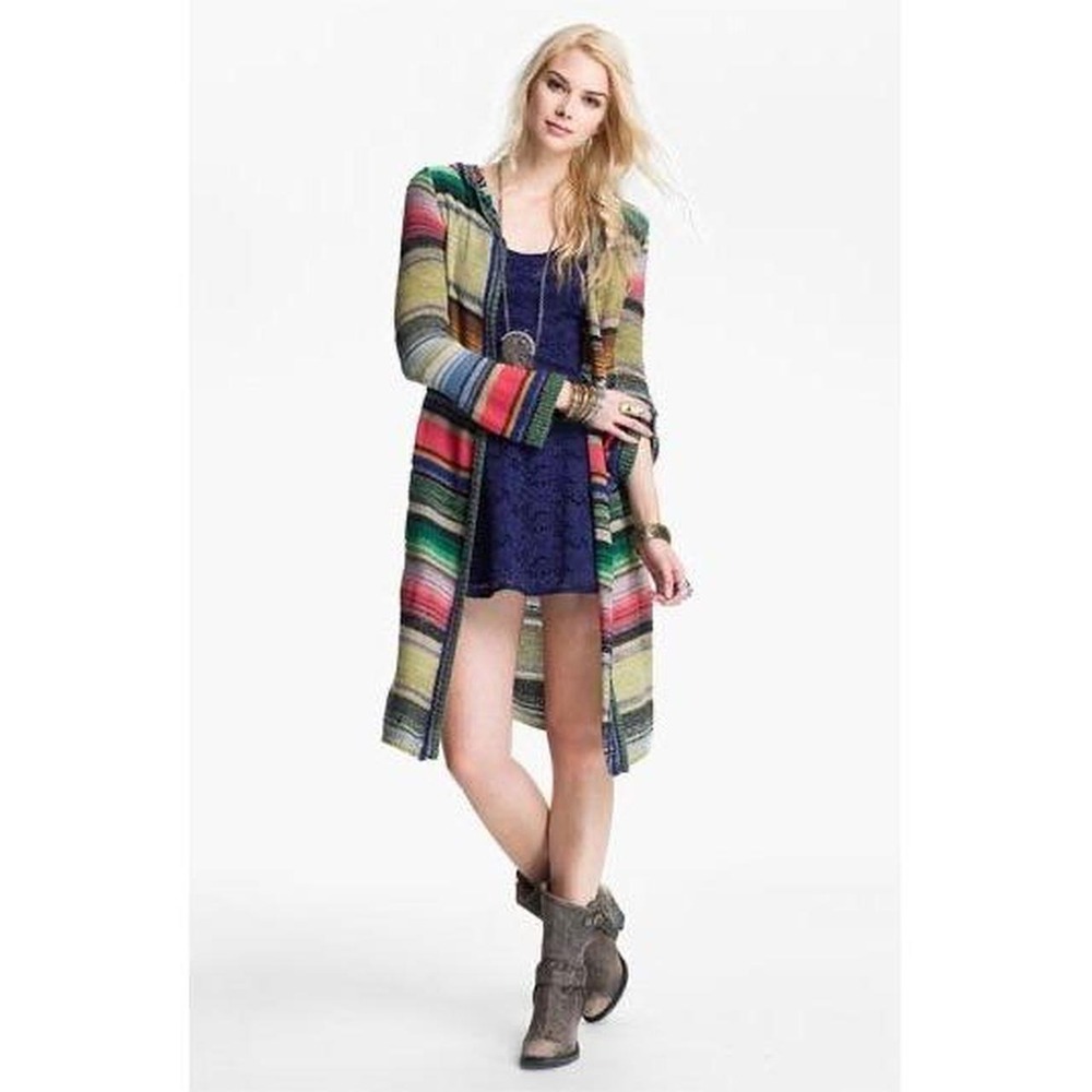 Free People Serape Hooded Knit Duster Cardigan Sweater - Rainbow Striped - Med